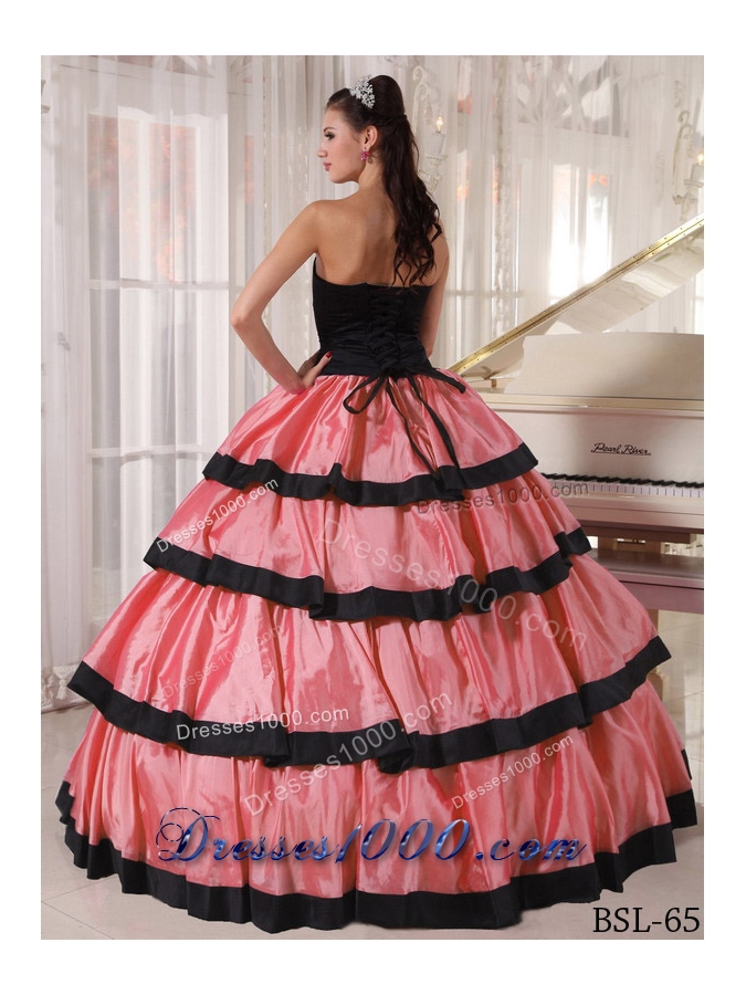 Watermelon and Black Ball Gown Strapless Dresses For a Quince with Ruffled Layers