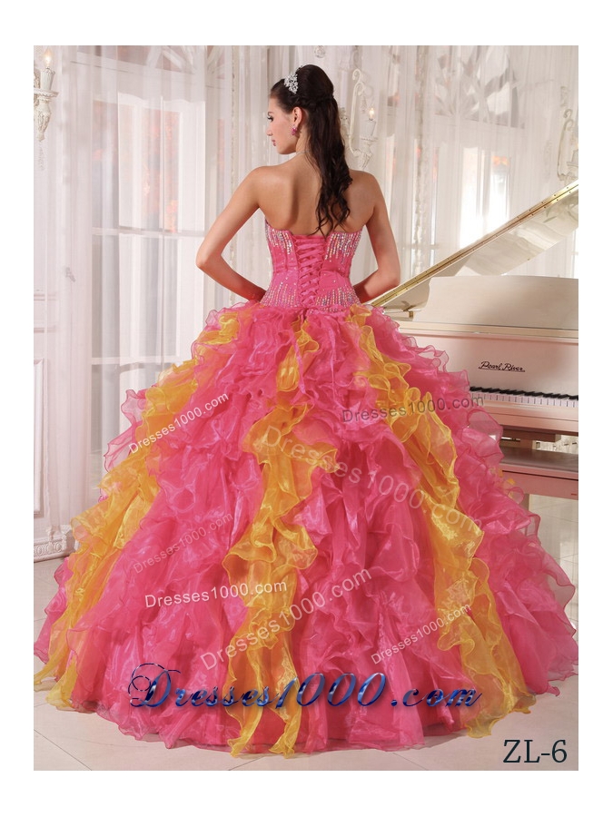 Watermelon and Orange Ball Gown Sweetheart Ruffles Sequins Dresses Of 15 with Long