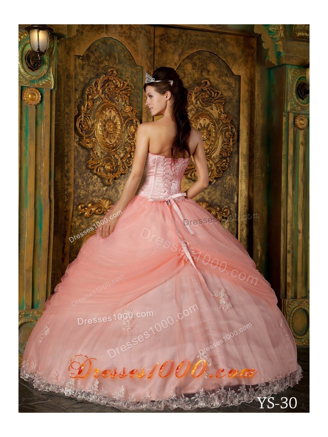 Watermelon Ball Gown Strapless Appliques Tulle Sweet 16 Dresses with Hand Made Flowers