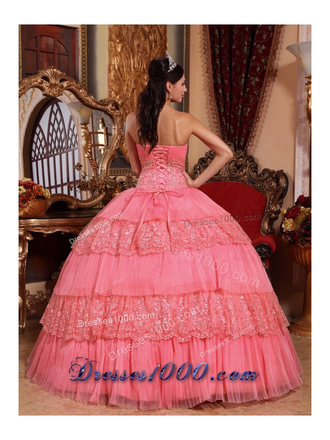 Watermelon Ball Gown Strapless Lace and Appliques Dresses Quinceanera for 2014