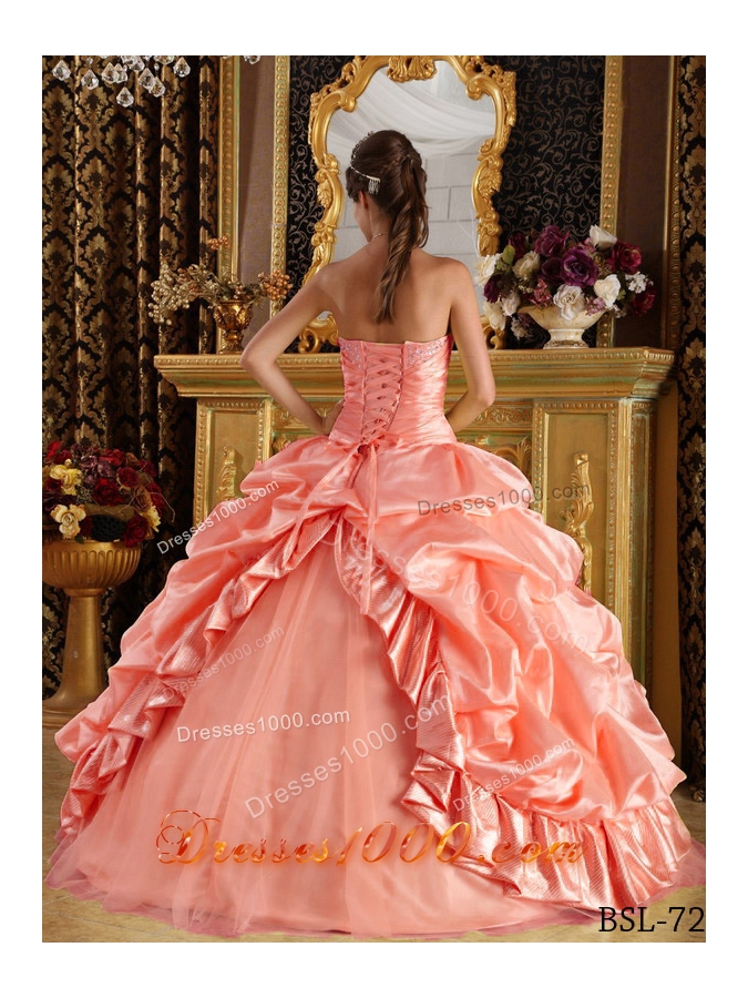 Watermelon Ball Gown Strapless Quinceanera Dress with Pick-ups and Appliques Beading