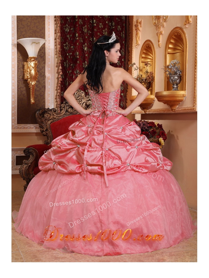 Watermelon Ball Gown Sweetheart Beading Quinceanera Dress with Pick-ups