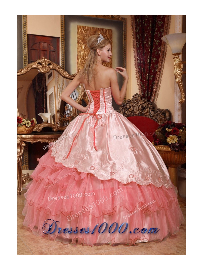 Watermelon Ball Gown Sweetheart Quinceanera Dresses Gowns with Embroidery Ruffled Layers
