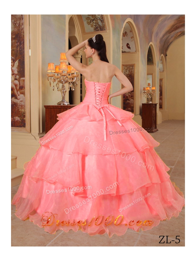 Watermelon Ball Gown Sweetheart Ruffled Layers and Appliques Beading Dress For Quinceaneras