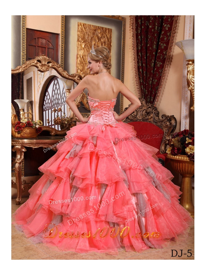 Watermelon Ball Gown Sweetheart Ruffled Layers Sweet Sixteen Quinceanera Dresses with Appliques