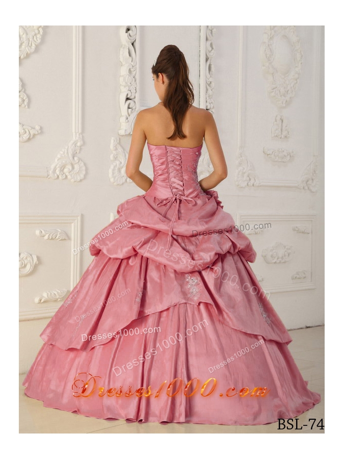 Watermelon Dresses For Quinceaneras with Princess Strapless Pick- ups and Beading