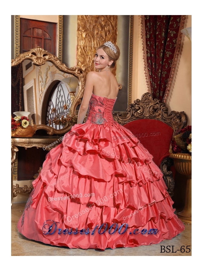 Watermelon Red Ball Gown Strapless Ruffles Taffeta Dresses Quinceanera with Appliques
