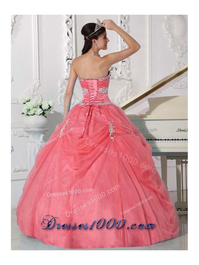Watermelon Strapless Appliques and Hand Made Flower Quinceanera Dress with Pick-ups