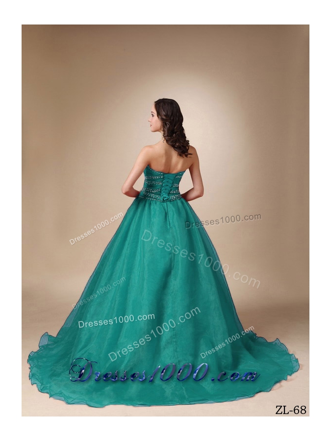 Princess Sweetheart Chapel Train Turquoise Quinceanea Dress with Beading