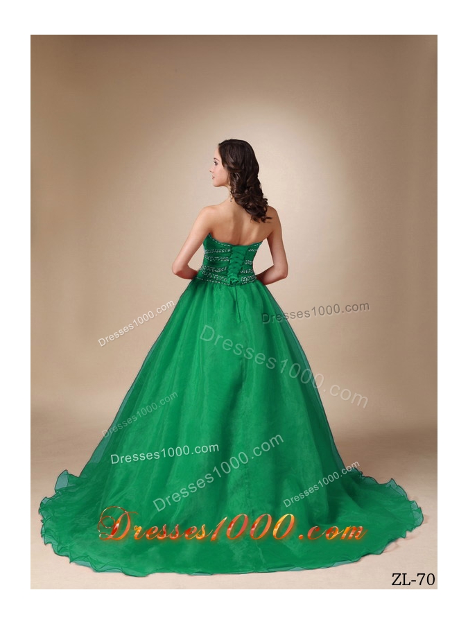 Princess Sweetheart Chapel Train Turquoise Quinceaneras Dresses with Beading