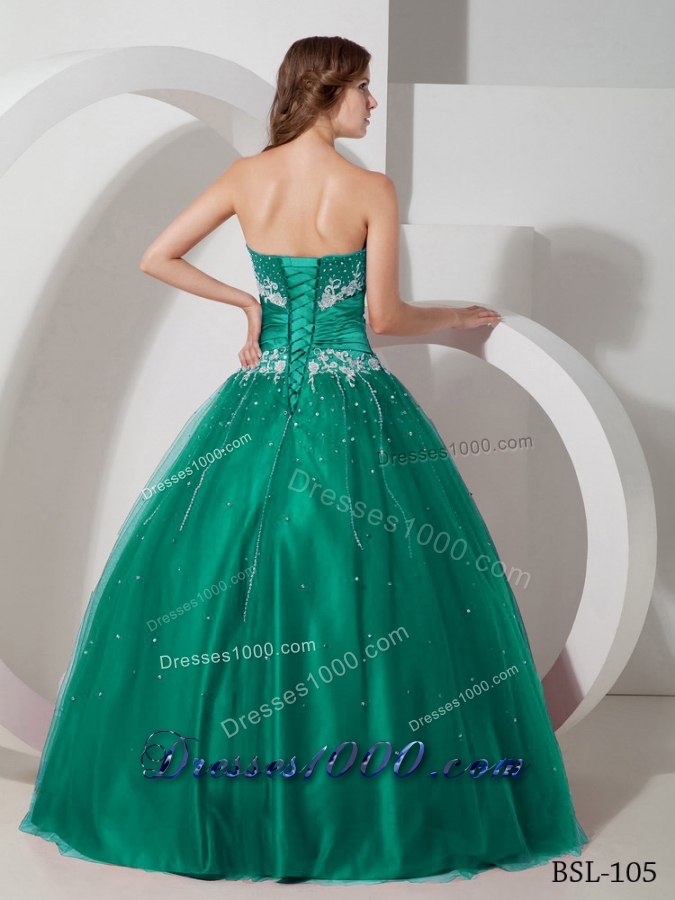 Strapless Tulle Turquoise Quinceanera Dress with Appliques and Beading