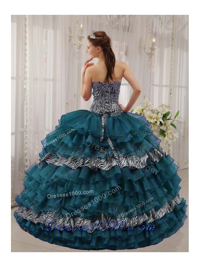 Turquoise Sweetheart Zebra and Organza Quinceanera Dresses with Beading and Layers