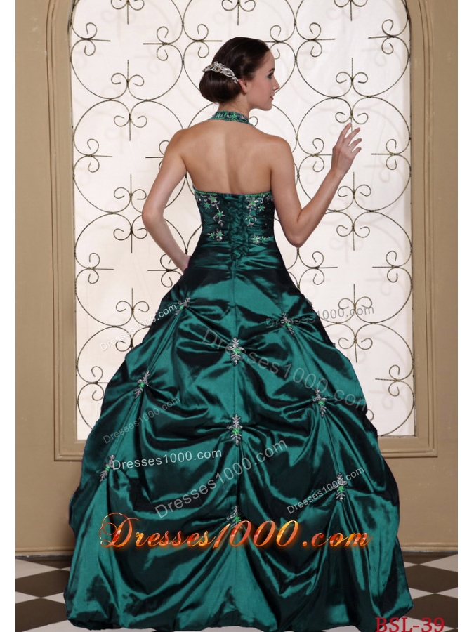 Halter Top Turquoise Quinceanera Gown Dresses with Embroidery and Beading