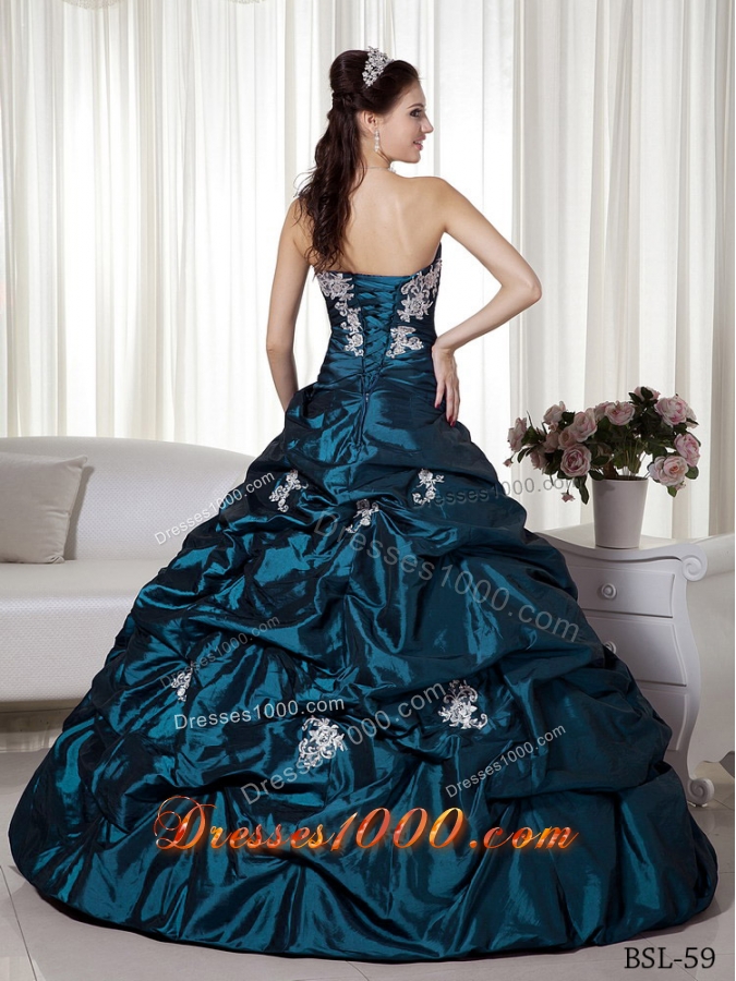 Princess Strapless Taffeta Turquoise Quinceanera Dresses with Appliques and Pick-ups