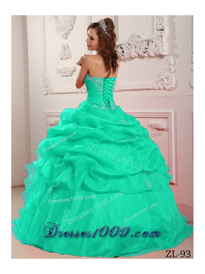 Apple Green Strapless Organza Turquoise Quinceanera Dresses with Beading and Ruffles
