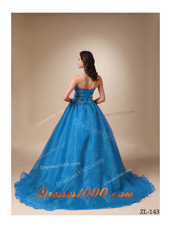 Elegant Princess Court Train Beading Organza Quinceanea Dress with Sweetheart