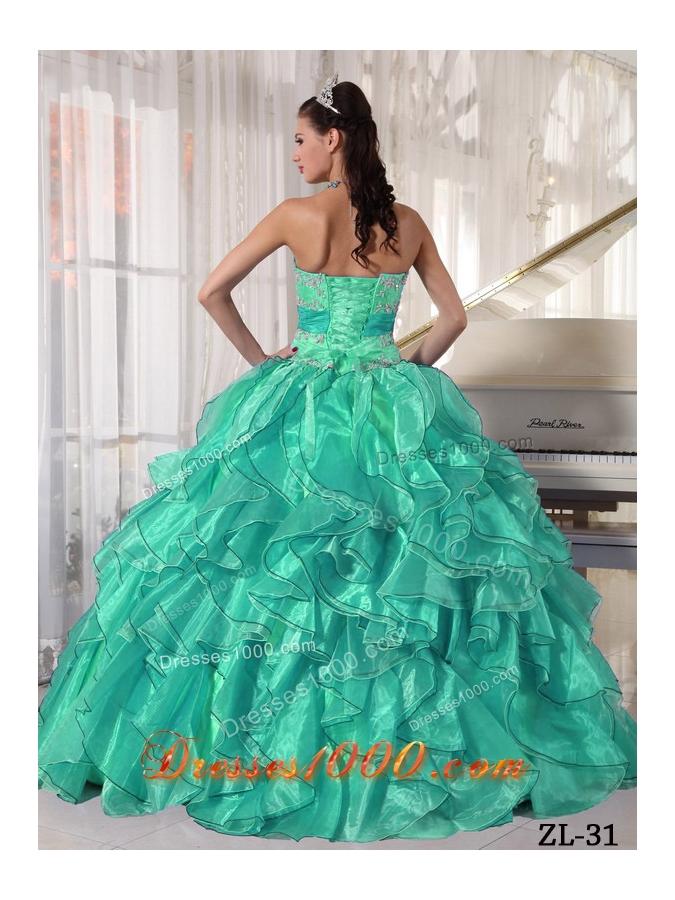 Strapless Organza Appliques Sweet 15 Dresses with Ruffles and Appliques