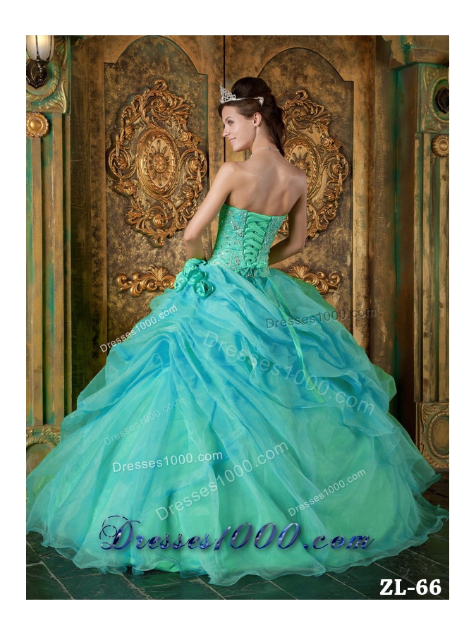Strapless Organza Turquoise Quinceanera Dresses with Beading