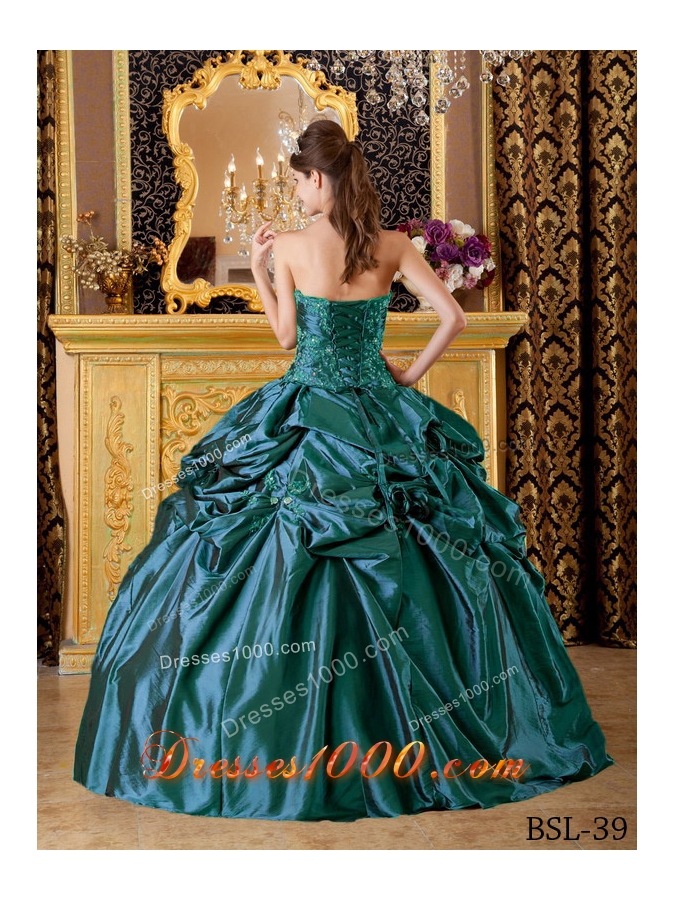 Strapless Turquoise Quinceanera Dress with Appliques and Flowers