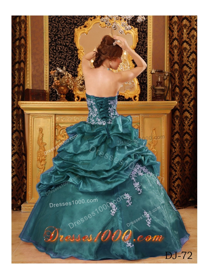 Strapless Turquoise Quinceanera Gowns with Appliques and Pick-ups