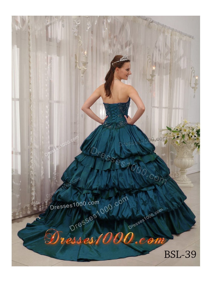 Sweetheart Court Train Appliques Turquoise Quinceanera Dresses with Pick-ups