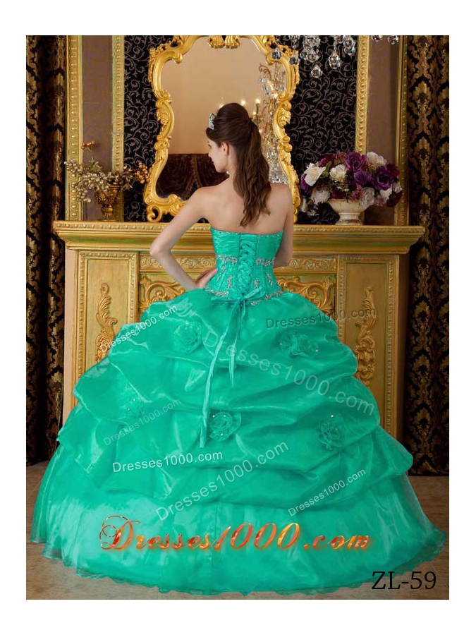 Sweetheart Organza Turquoise Quinceanera Dresses with Appliques and Pick-ups
