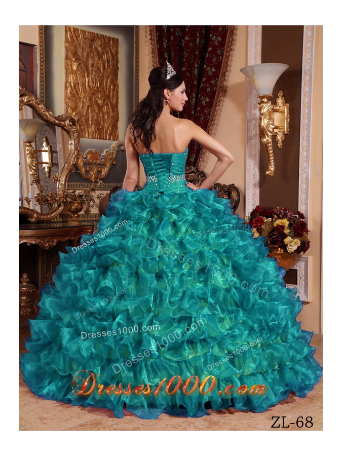 Sweetheart Organza Turquoise Quinceanera Dresses with Ruffles and Beading