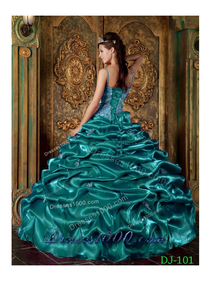 Taffeta Beading and Pick-ups Turquoise Quinceanera Gowns with Spaghetti Straps