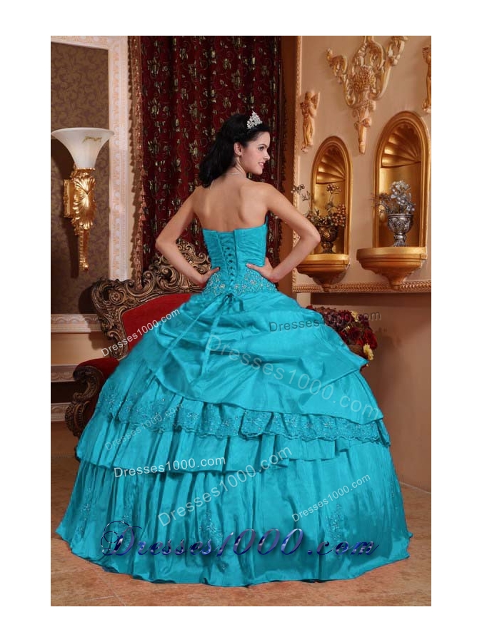 Teal Sweetheart Beading and Appliques Puffy Quinceanera Dresses