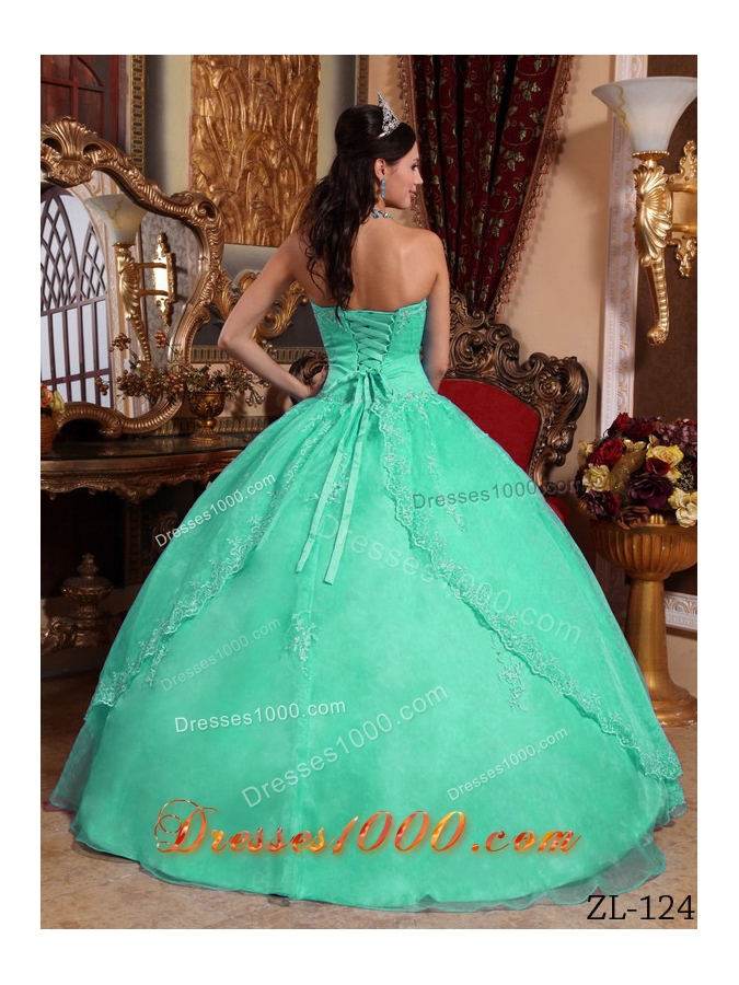 Turquoise Puffy Organza Quinceanera Gowns with Appliques