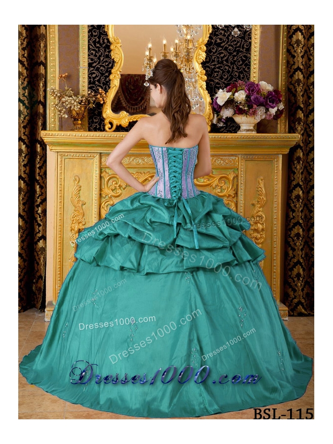 Turquoise Quinceanera Gowns Dress with Strapless Appliques and Pick-ups