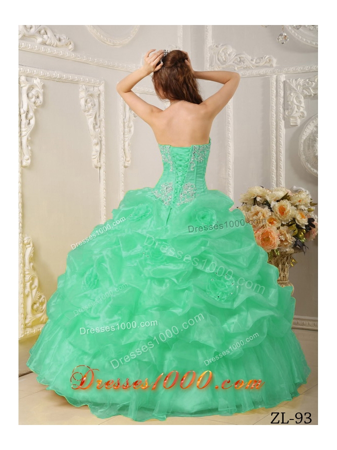 Turquoise Quinceanera Gowns with Beading and Pick-ups Strapless Organza