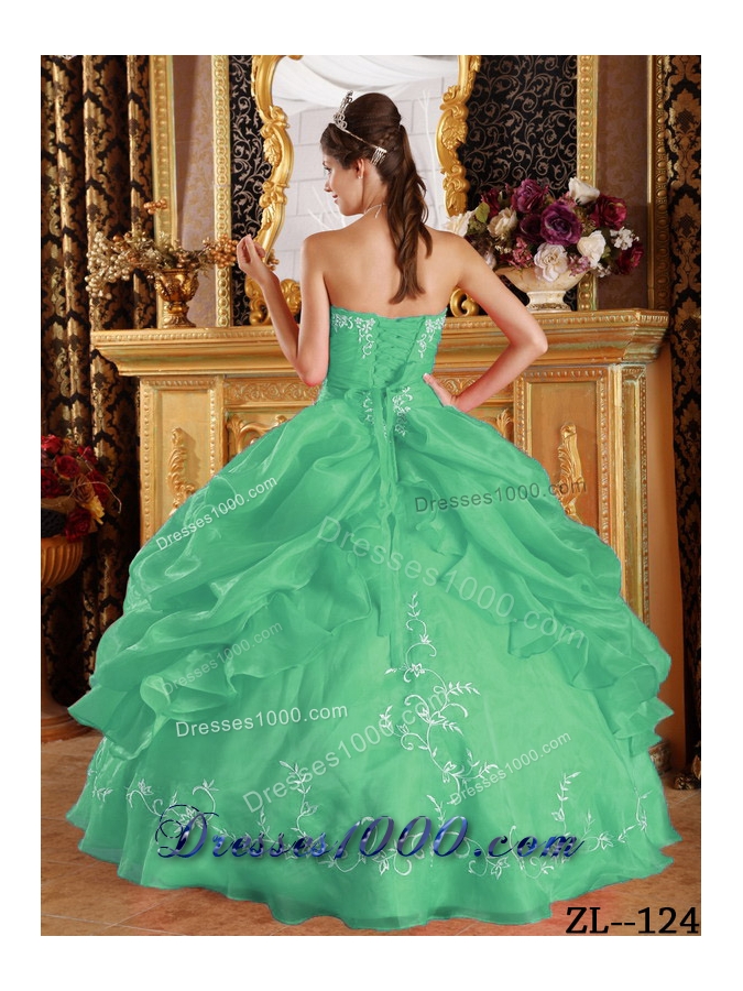 Turquoise Strapless Organza Quinceaneras Dress with Pick-ups and Embroidery