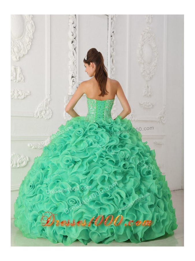 Turquoise Strapless Organza Sweet Sixteen Dresses with Beading and Ruffles
