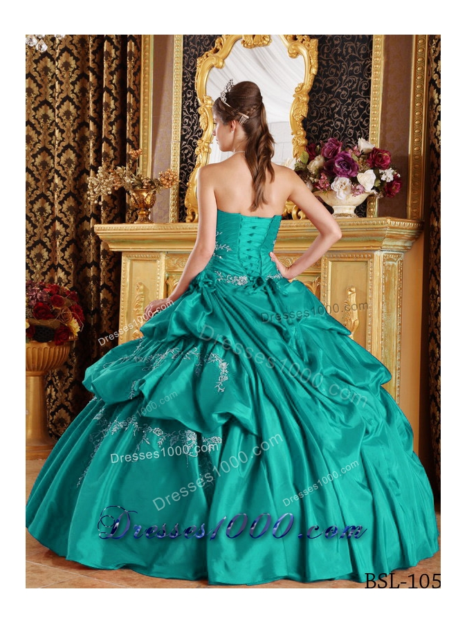 Turquoise Strapless Taffeta Quincenera Dresses with Appliques