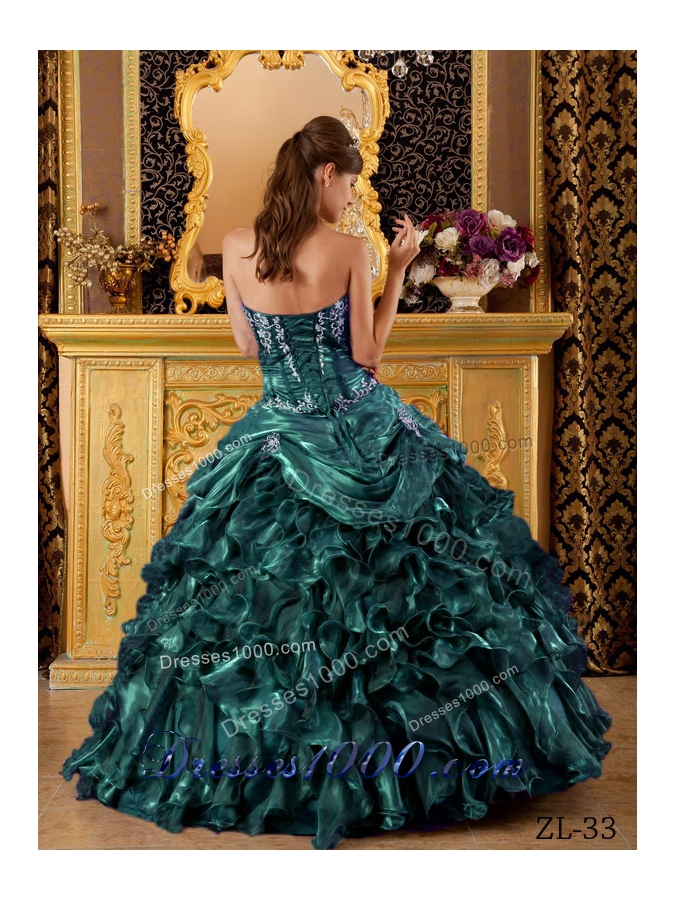 Turquoise Sweetheart Organza Sweet 16 Dresses with Ruffles and Appliques