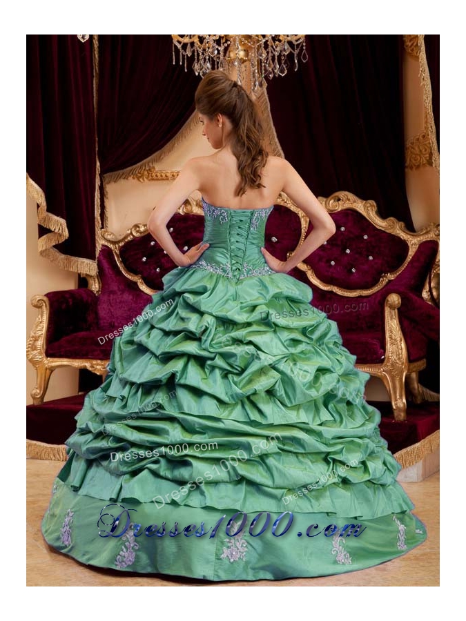 Turquoise Sweetheart Quinceanera Dresses with Appliques and Pick-ups