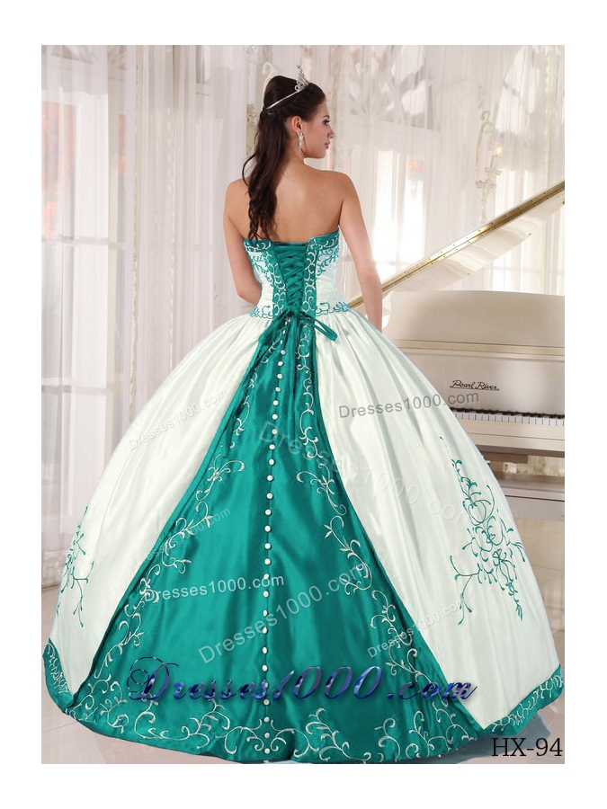 White and Turquoise Strapless Quinceanera Dress with Embroidery