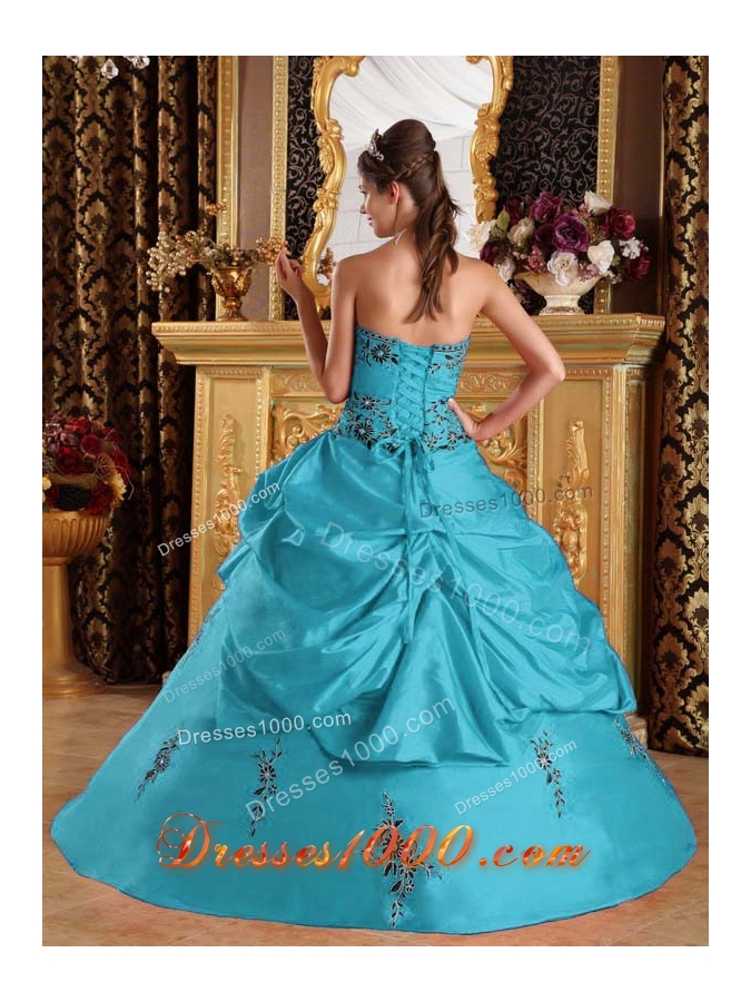 2014 Ball Gown Strapless Taffeta Teal Quinceanera Gown with Appliques