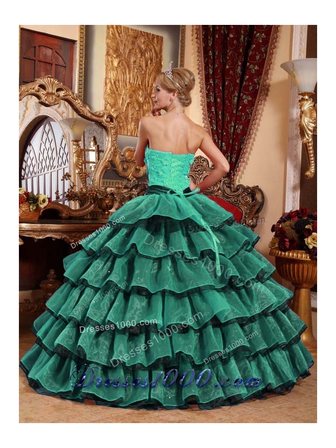 2014 Fashionable Strapless Turquoise and Black Quinceanera Gowns with Layers