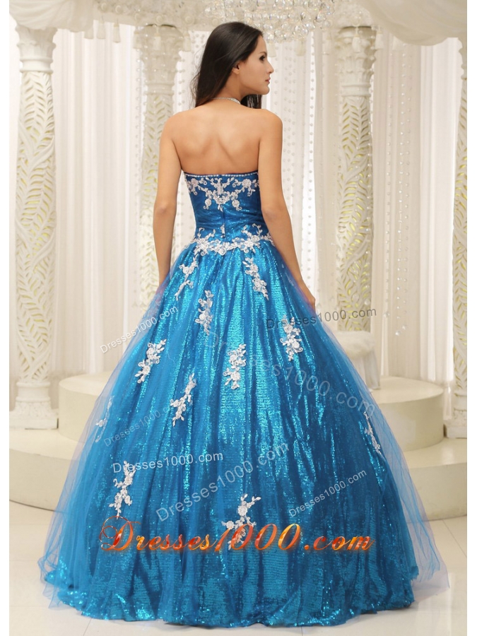 2014 Pretty A-line Quinceanera Dresses With Appliques Teal Paillette Over Skirt