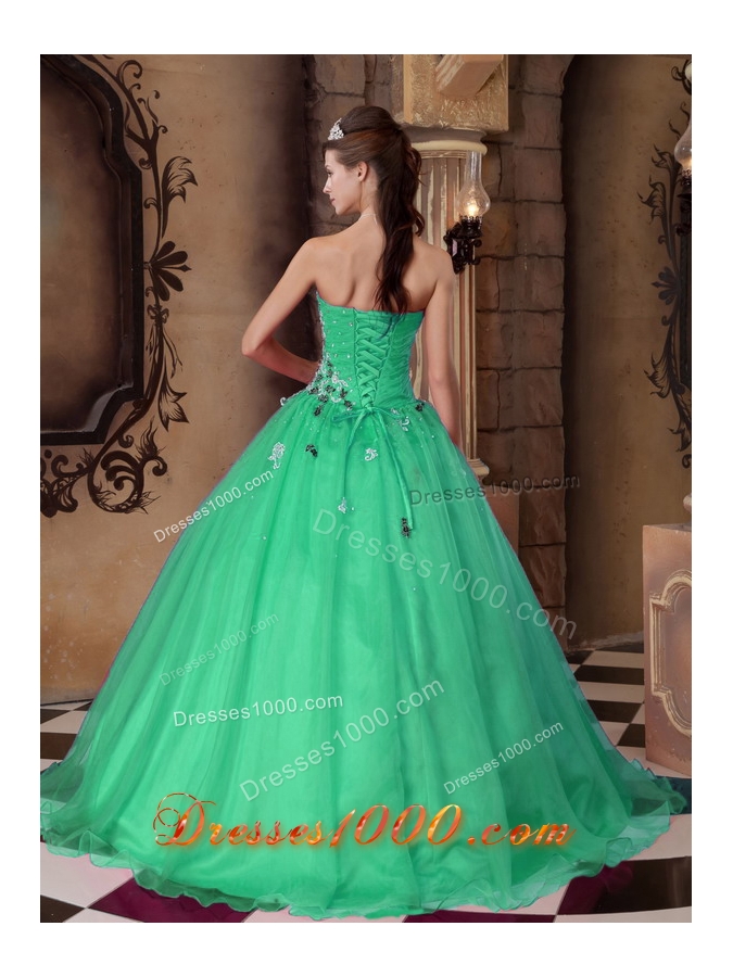 A-line Sweetheart Organza Turquoise Quinceanera Dress with Beading