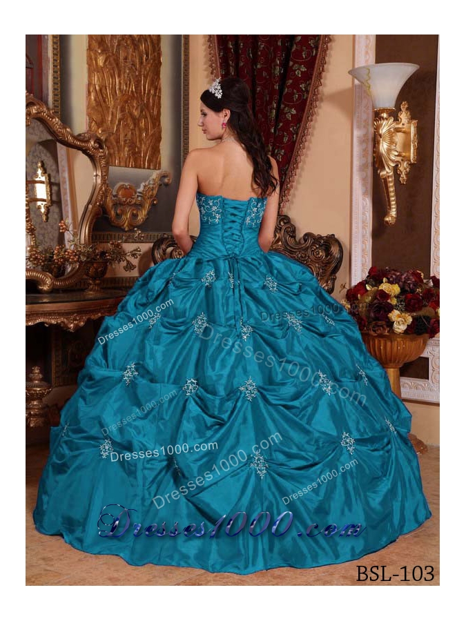 Affordable Strapless Taffeta Teal Appliques Quinceanera Dresses