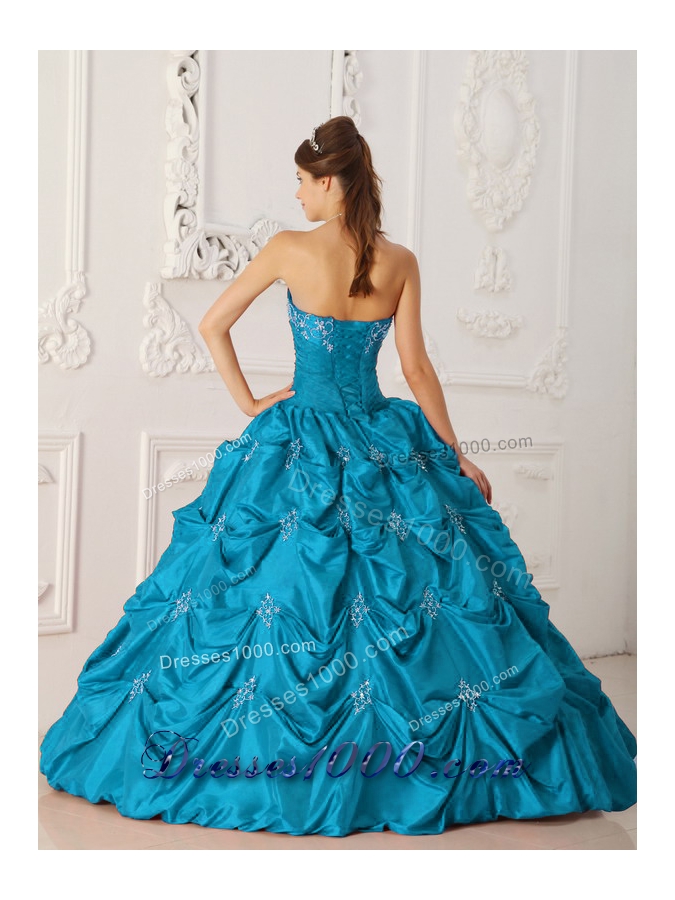 Cheap Princess Strapless Appliques and Beading Long Teal Quinceanera Dresses