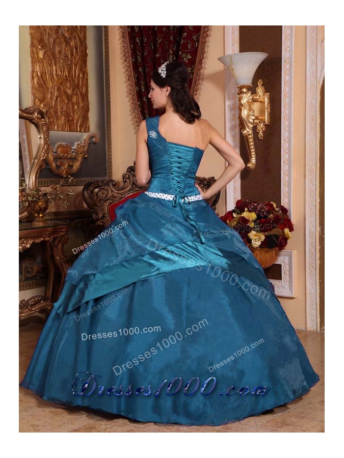 Cheap Teal Ball Gown One Shoulder Organza Beading Long Quinceanera Dresses