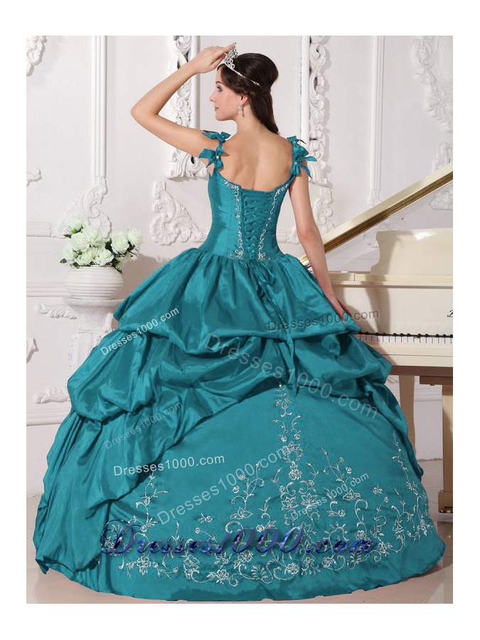 Embroidery Teal Puffy Straps Long Taffeta 2014 Quinceanera Dresses