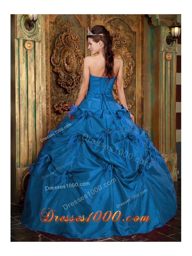 Hand Made Flowers Ball Gown Taffeta Teal Quinceanera Dresses with Strapless