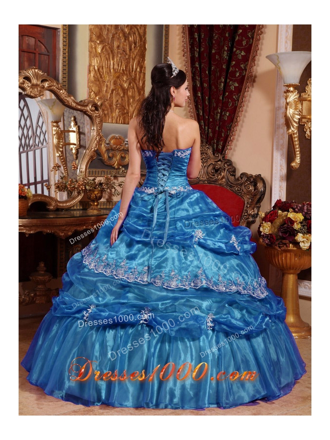 Puffy Strapless Organza Long Quinceanera Dresses with Appliques