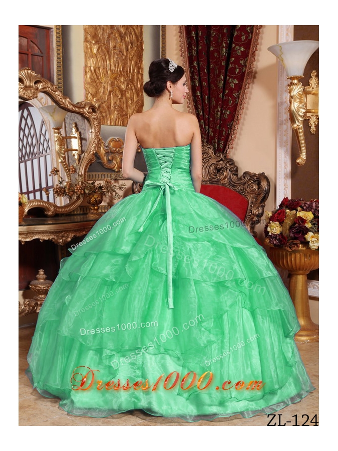 Puffy Strapless Organza Turquoise Quinceanera Dresses with Beading