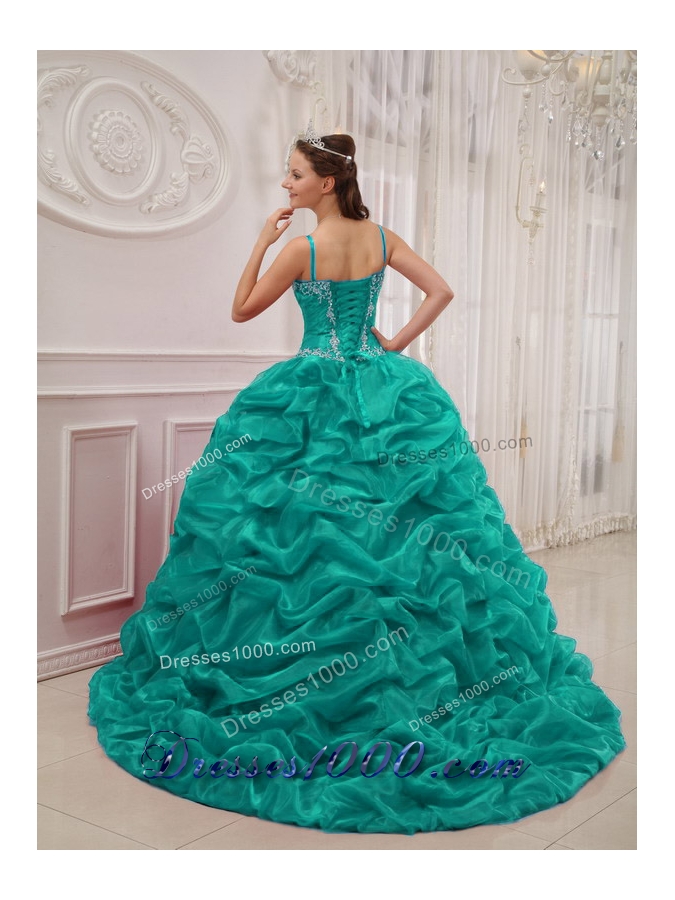 Spaghetti Straps Court Train Organza Turquoise Quinceanera Dresses with Beading and Pick-ups